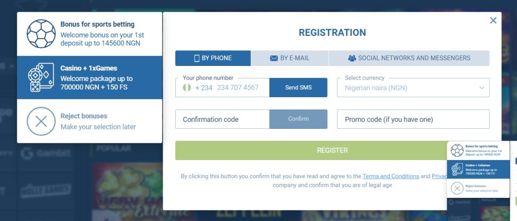 Registration form for 1xBet Nigeria