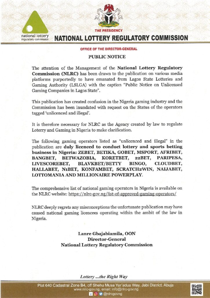 Public Notice from National Lottery Regulatory Commission