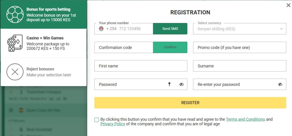 Betwinner registration form