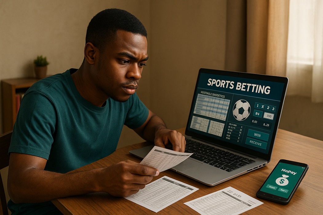 Kenyan Man in Front of Computer doing Betting Stuff